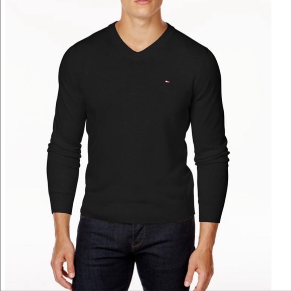 Tommy Hilfiger Black Signature Logo Solid V-Neck Sweater, Men’s Size Medium. - Picture 7 of 16